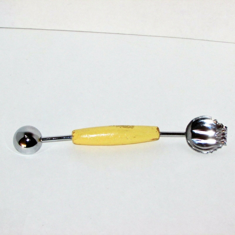 Vintage Kitchen Gadget Garnishing Tool Melon Baller Pale Yellow Wood Handle